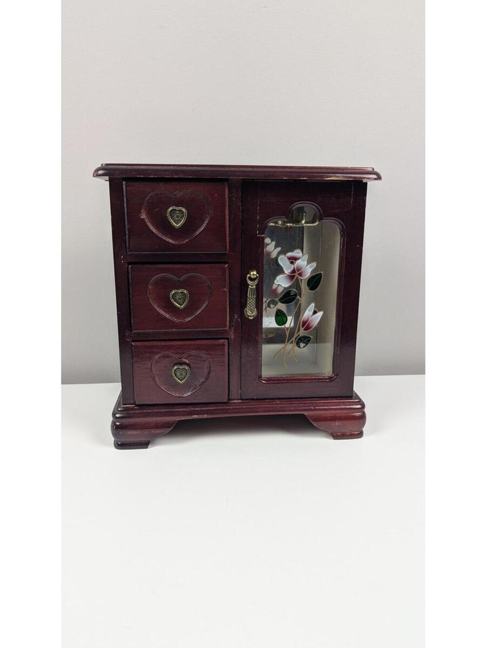 Vintage Wooden Jewelry Box With Rose On Glass And Heart Pulls